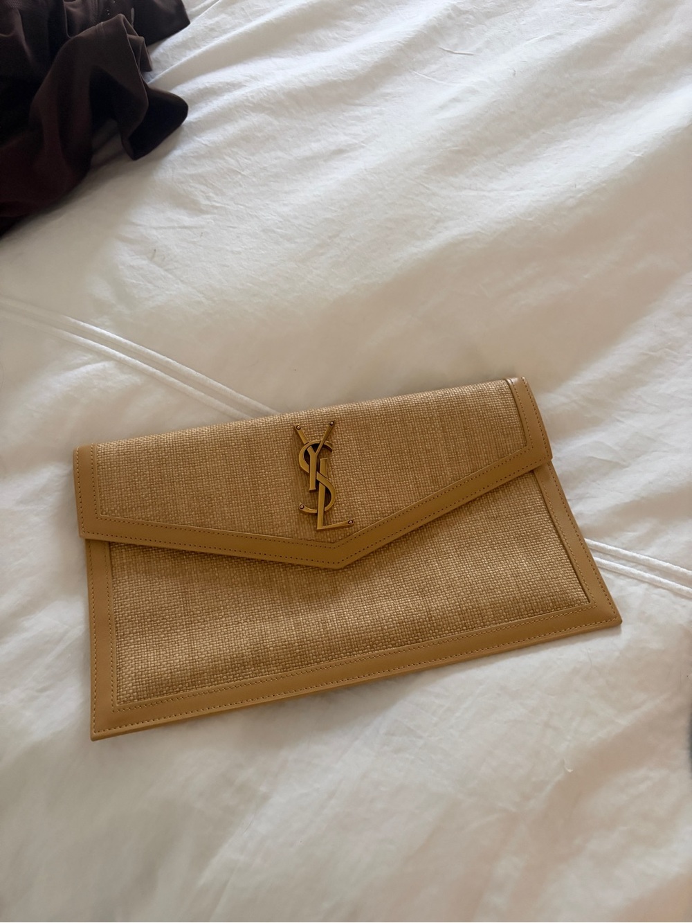 Saint Laurent Raffia Envelope Clutch in Camel Tan with Gold Hardware